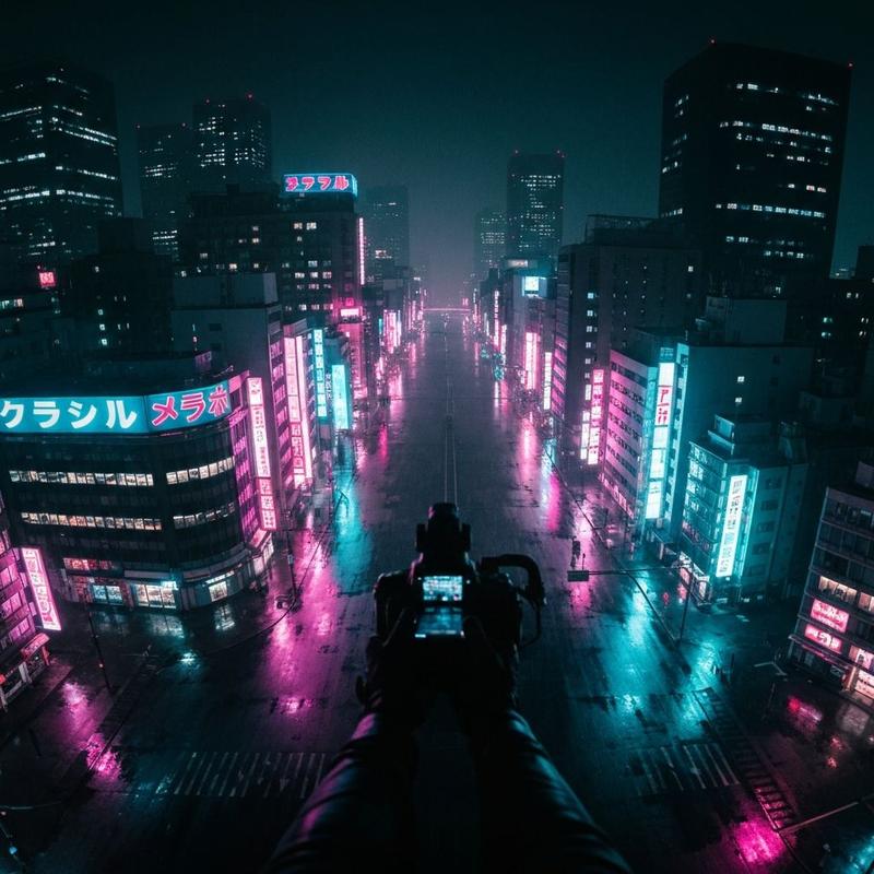 Aerial shot of a neon-lit futuristic city at night
