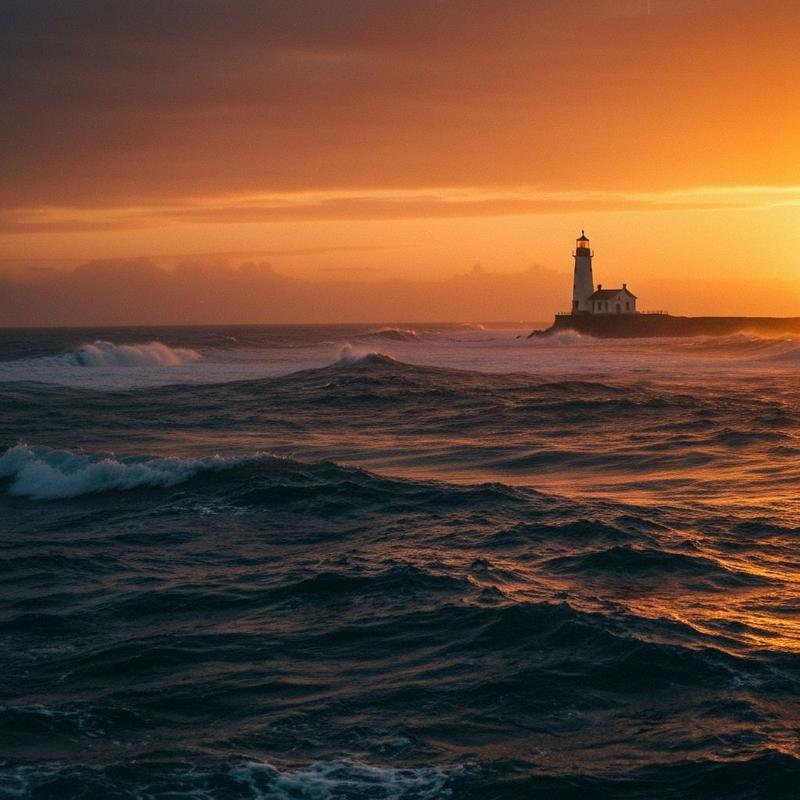 Drone orbiting a lighthouse at dusk