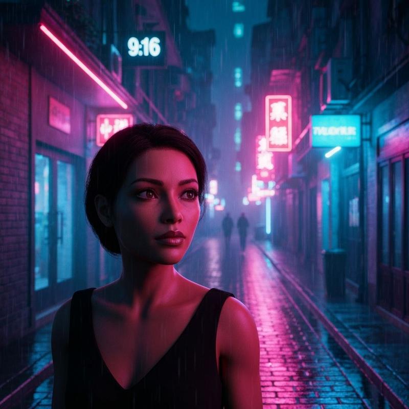 Cinematic close-up in a rainy neon alley